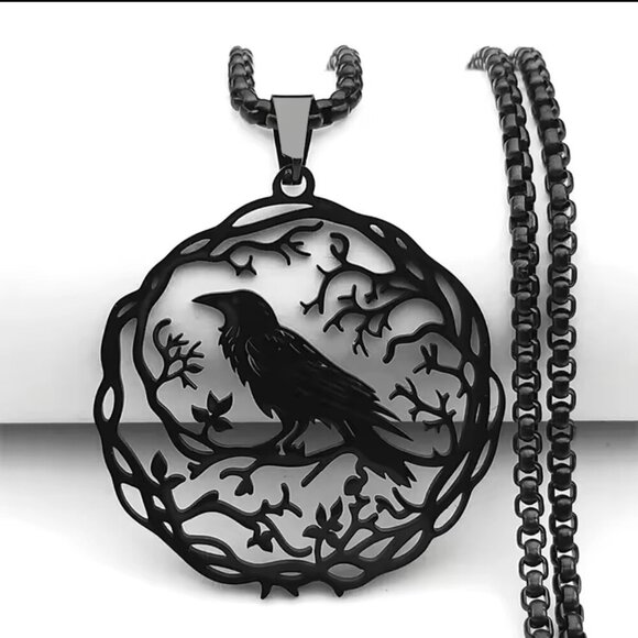 Silver Tone Gothic Raven Pendant Necklace - Stainless Steel Ball Chain #1530 - Picture 5 of 7